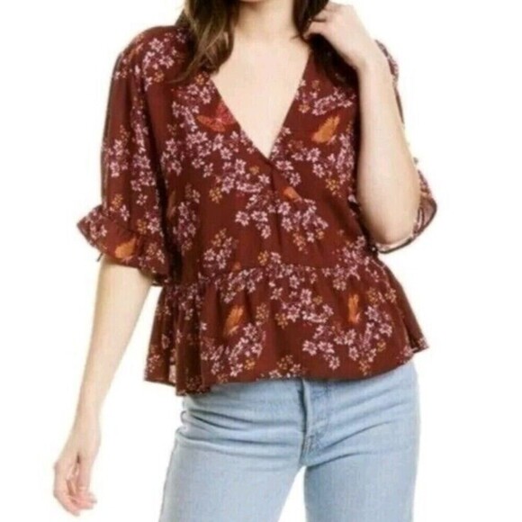 Madewell Tie Sleeve Wrap Top Burgundy Butterfly Size 2 - Picture 1 of 8